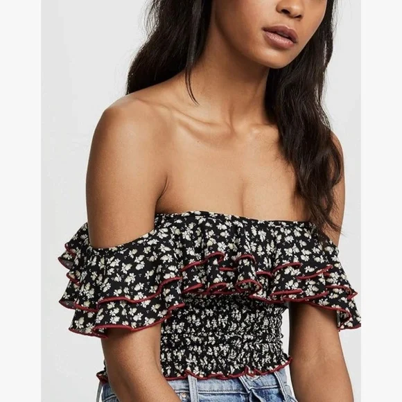 LIKELY Revolve Women’s Harlow Floral Off-the-Shoulder Athena Smocked Crop Top SM - Picture 2 of 9